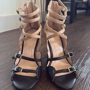 💕Zara Trafaluc beige black gold faux leather strappy stiletto sandal heels 36